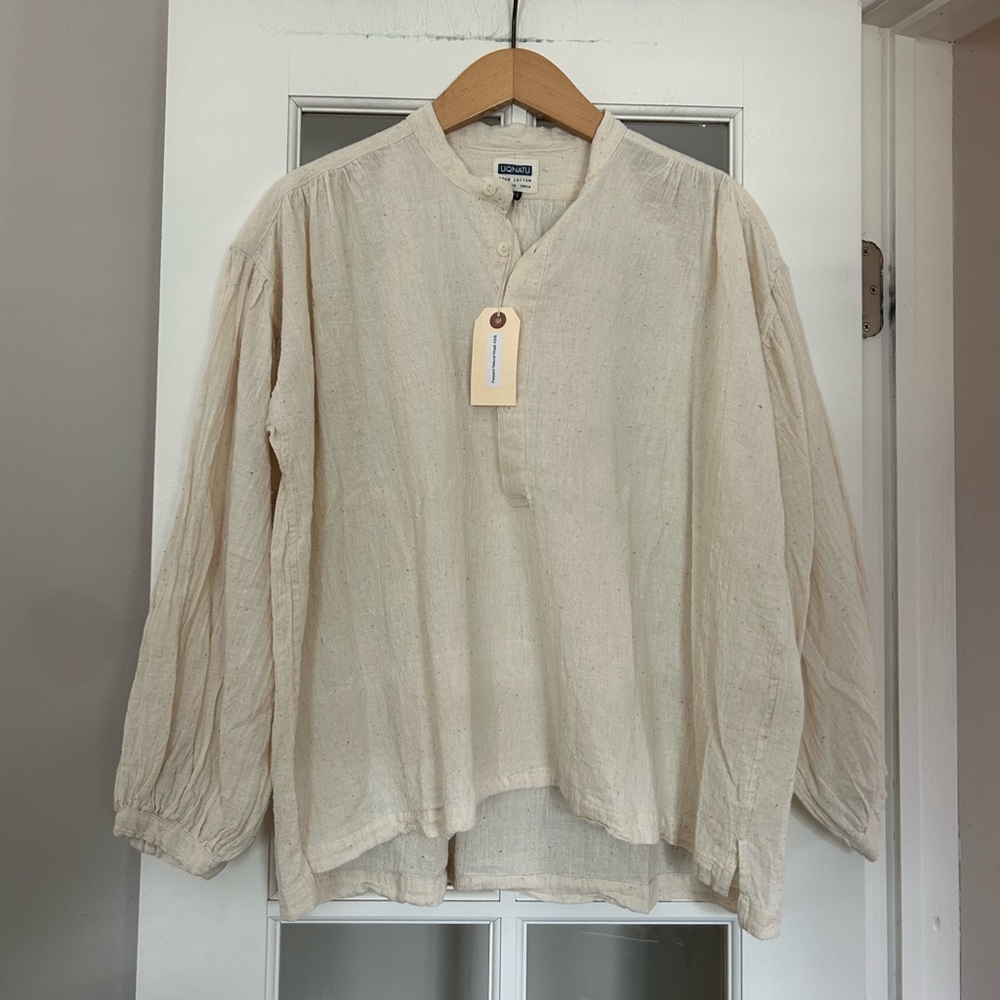NWT Uqnatu Peasant Blouse Natural Khadi Button Up Tan Size XS/S